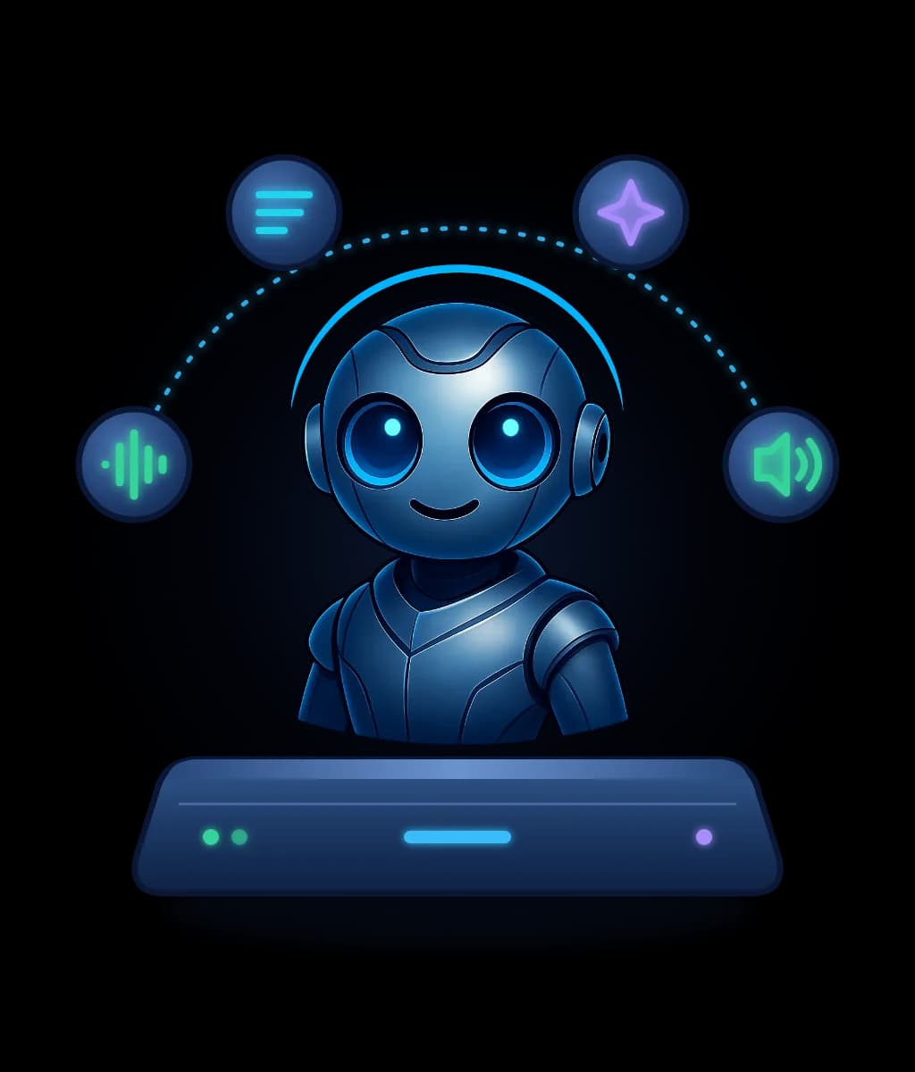 The Domia character behind a small glowing node, under an arc of four steps: listen, understand, think, speak